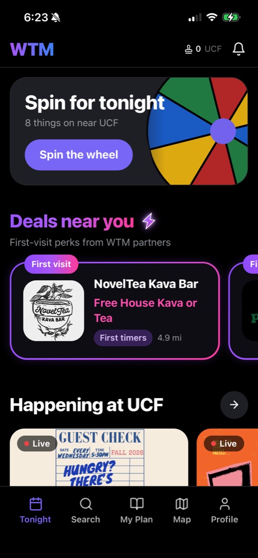 WTM's Tonight screen: Spin for tonight, Deals near you and Happening at UCF
