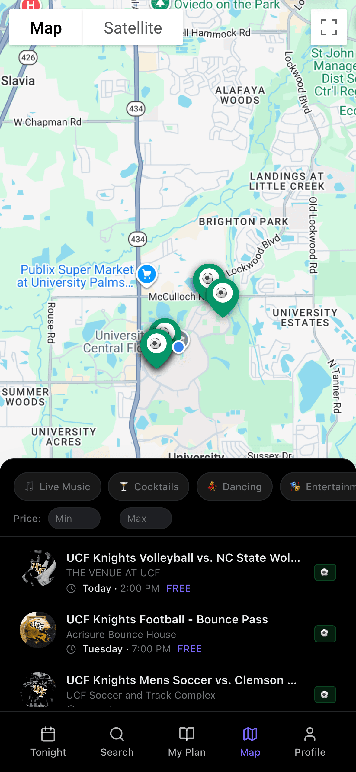 Map view with event pins around UCF and category filters